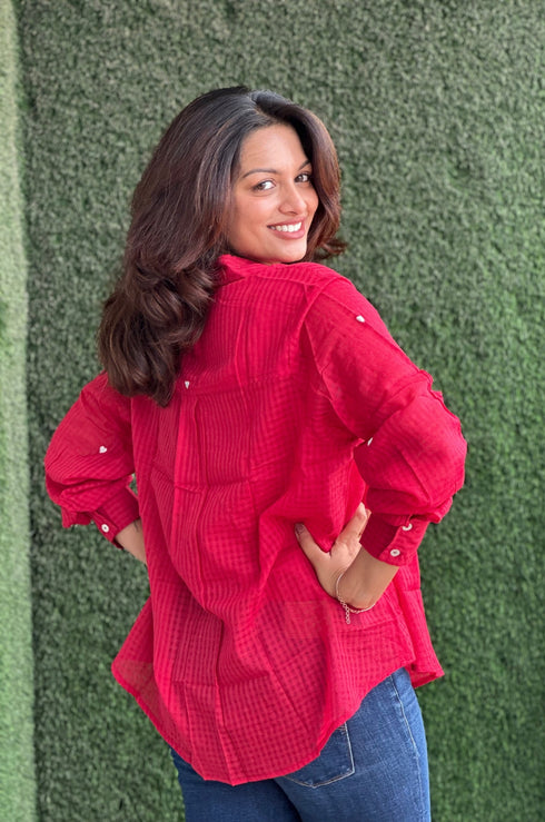 Nayeli Heart Embroidery Shirt (Red & Black)