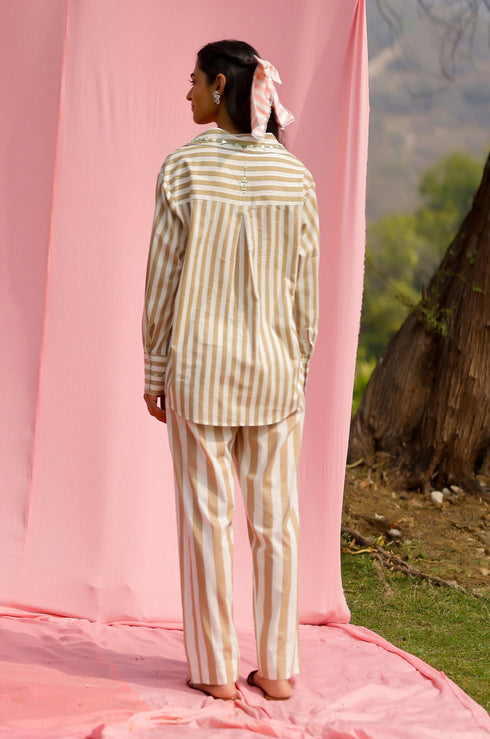 Beige Mirror Embroidered Stripe Co-ord Set