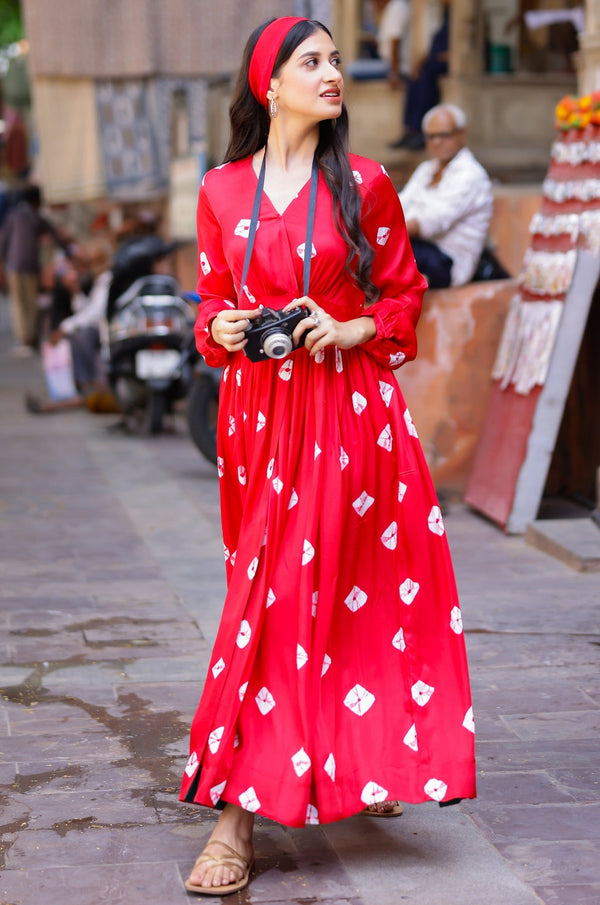 Bandhani Modal Satin Maxi Dress