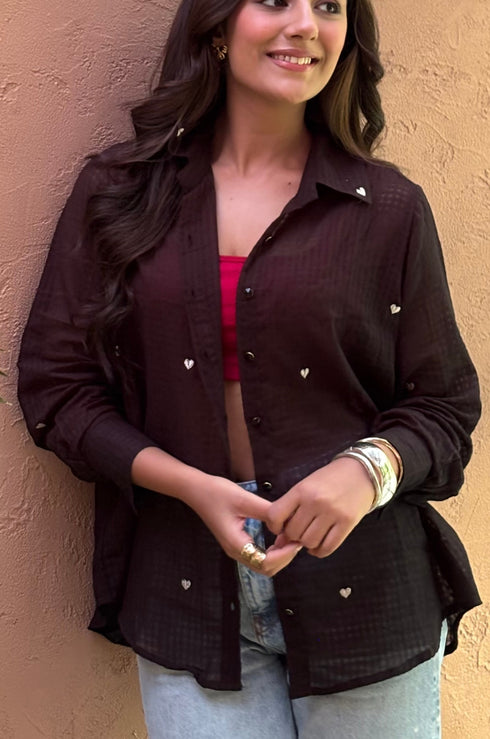 Nayeli Heart Embroidery Shirt (Red & Black)