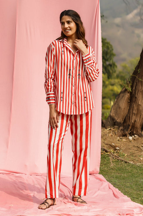 Red Mirror Embroidered Stripe Co-ord Set