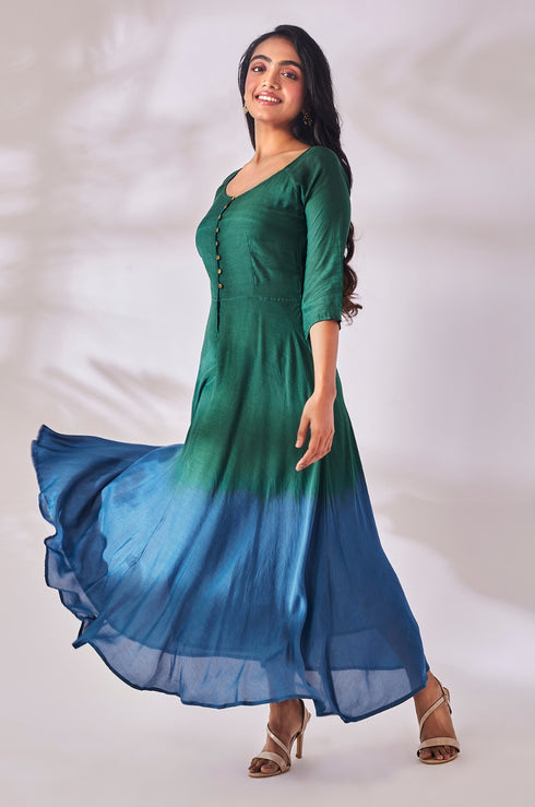 Green and Indigo Fit & Flare Dress