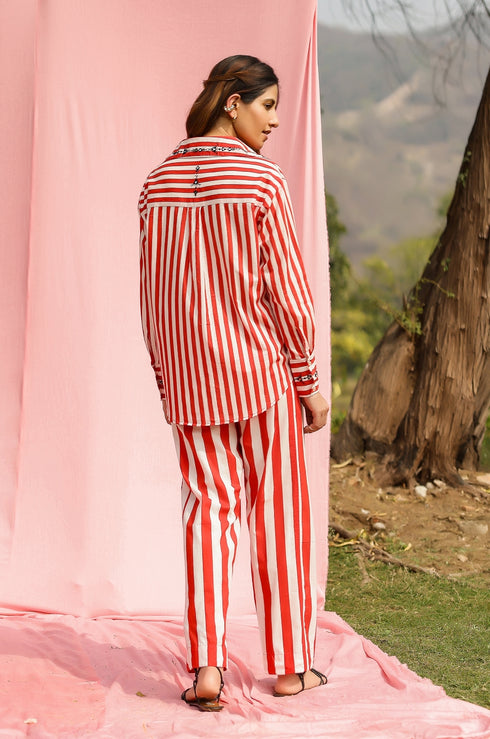 Red Mirror Embroidered Stripe Co-ord Set