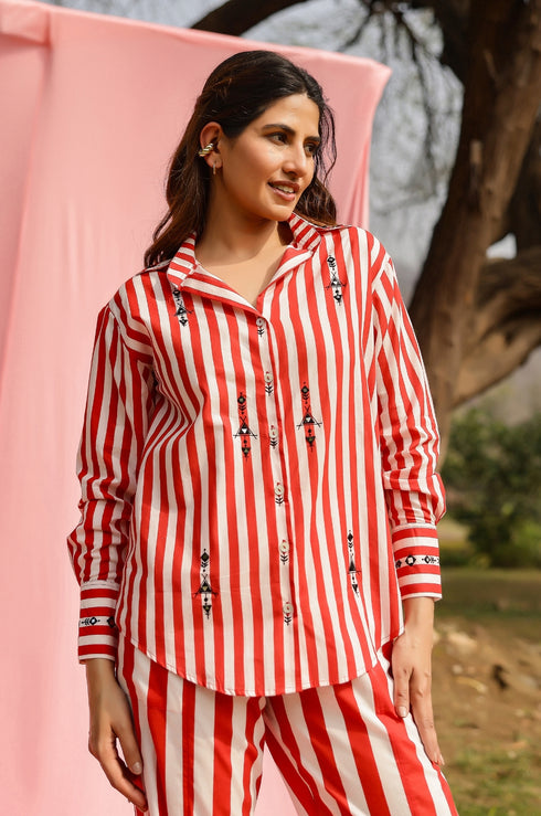 Red Mirror Embroidered Stripe Shirt