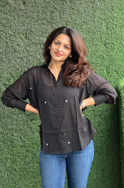 Nayeli Heart Embroidery Shirt (Red & Black)