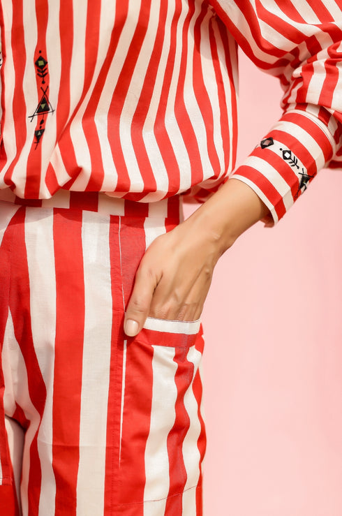 Red Mirror Embroidered Stripe Co-ord Set