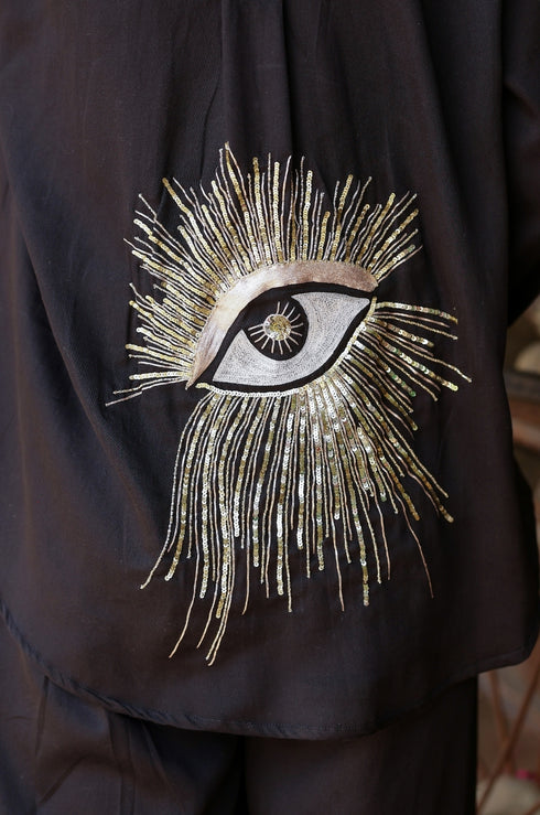 Black Hand Embroidered Evil Eye Shirt