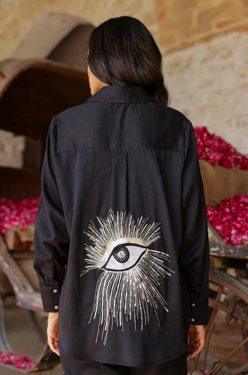 Black Hand Embroidered Evil Eye Shirt