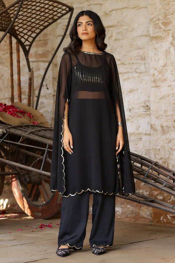 Black Sequin Detailed Georgette Kurta-Pant Set