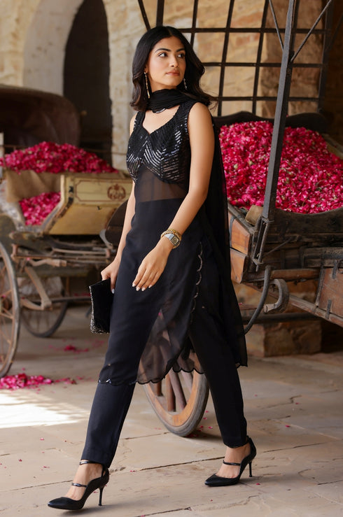 Black Sequin Georgette Kurta-Pant Set