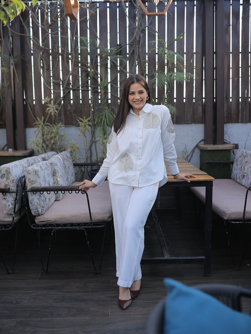 Diyu Sequin Embroidered White Co-Ord Set