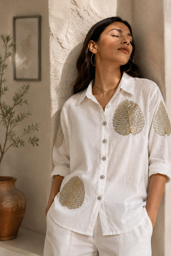 Diyu Sequin Embroidered White Shirt