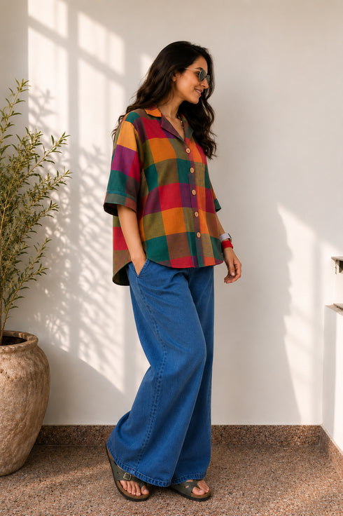 Mosaic Check Half Sleeve Loose Fit Shirt