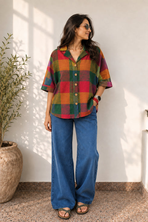 Mosaic Check Half Sleeve Loose Fit Shirt