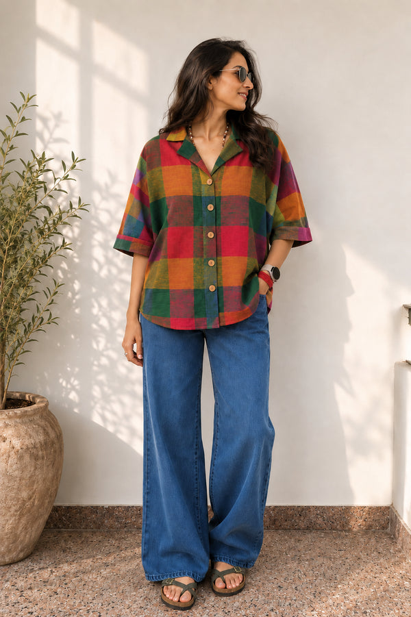Mosaic Check Half Sleeve Loose Fit Shirt