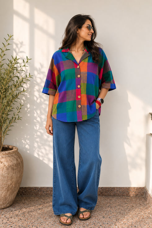 Mosaic Check Half Sleeve Loose Fit Shirt