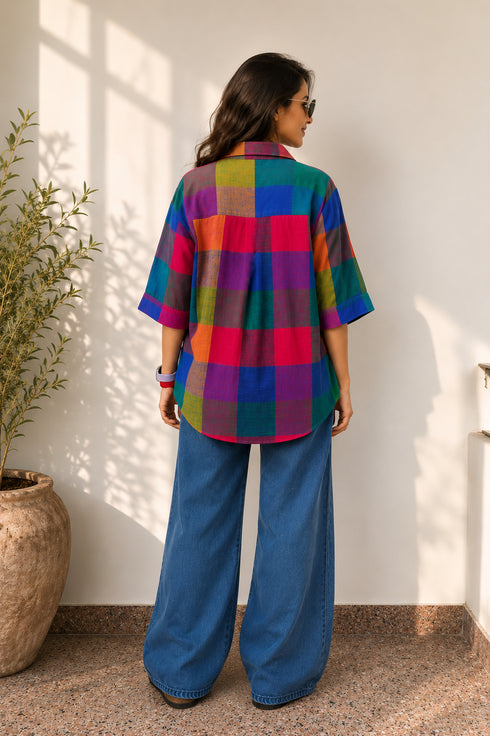 Mosaic Check Half Sleeve Loose Fit Shirt