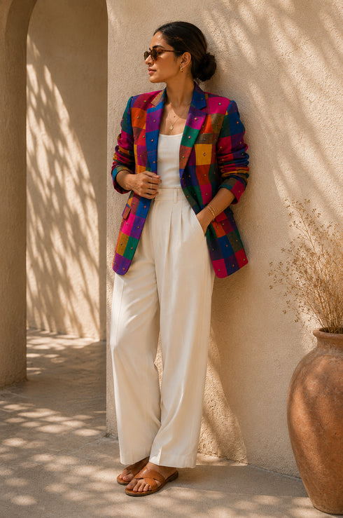 Madras Checks Mirror Embroidered Boyfriend Blazer | Reserve Yours