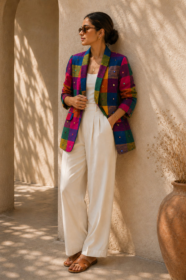 Madras Checks Mirror Embroidered Boyfriend Blazer | Reserve Yours