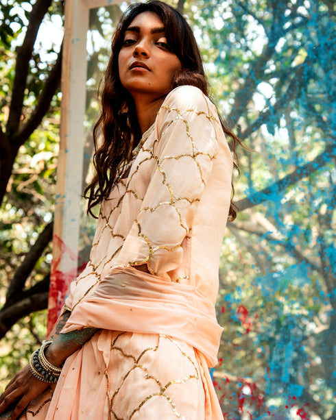 Peach Sequin Kurta Sharara With Dupatta