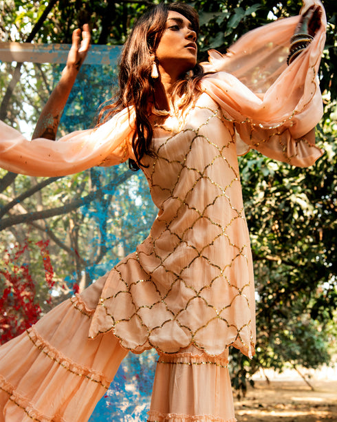 Peach Sequin Kurta Sharara With Dupatta