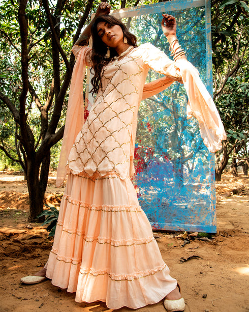 Peach Sequin Kurta Sharara With Dupatta