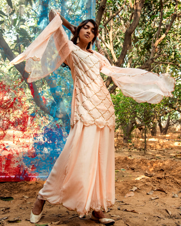 Peach Sequin Kurta Sharara With Dupatta