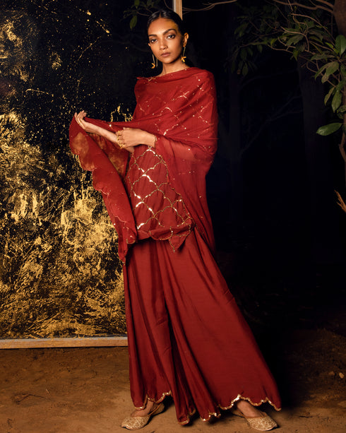 Vihari Maroon Sequin Kurta Palazzo With Dupatta