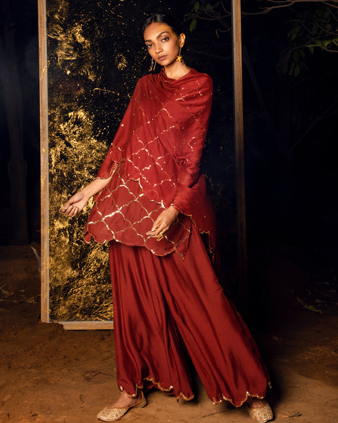 Vihari Maroon Sequin Kurta Palazzo With Dupatta
