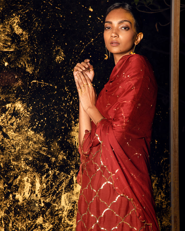 Vihari Maroon Sequin Kurta Palazzo With Dupatta