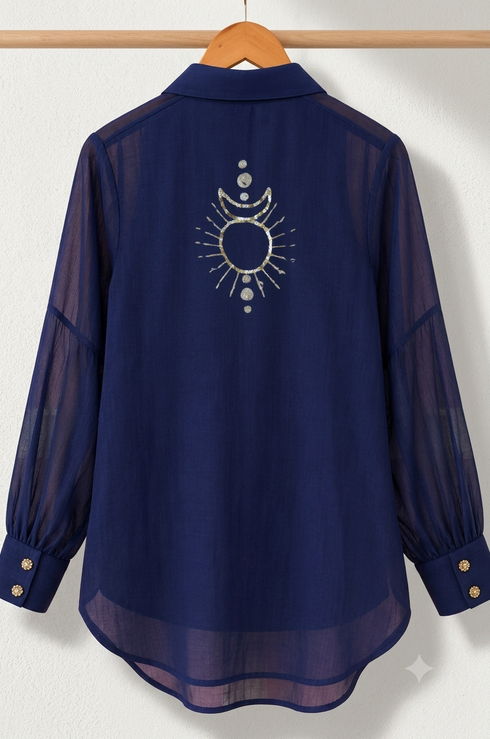Celestial Chanderi Embroidered Indigo Shirt