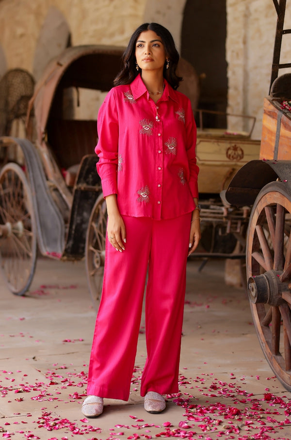 Hot Pink Evil Eye Embroidered Co-ord Set - Set of 2