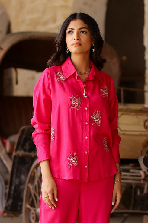 Hot Pink Evil Eye Embroidered Shirt