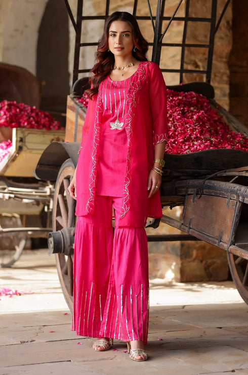 Hot Pink Lotus Embroidered Kurta-Sharara Set