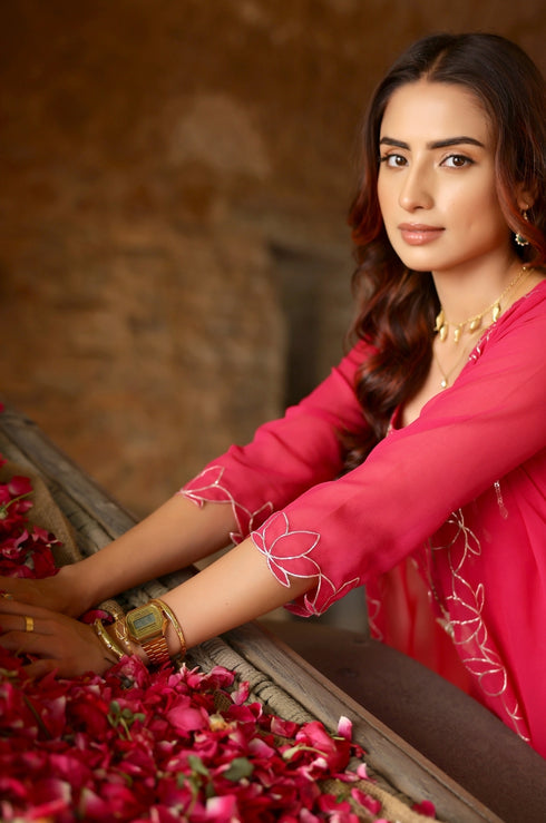 Hot Pink Lotus Embroidered Kurta-Sharara Set