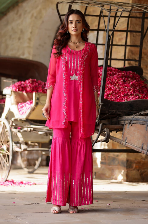 Hot Pink Lotus Embroidered Kurta-Sharara Set