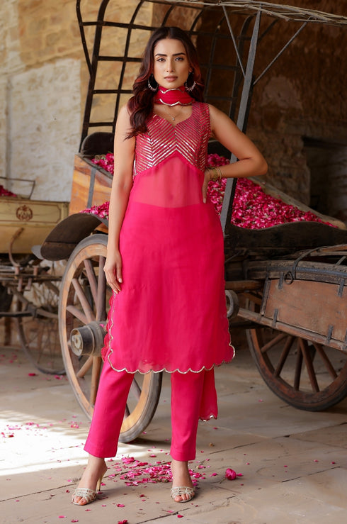 Hot Pink Sequin Georgette Kurta-Pant Set
