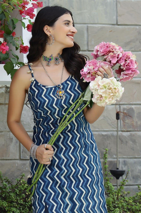 Indigo Dabu Print Slip Kurta