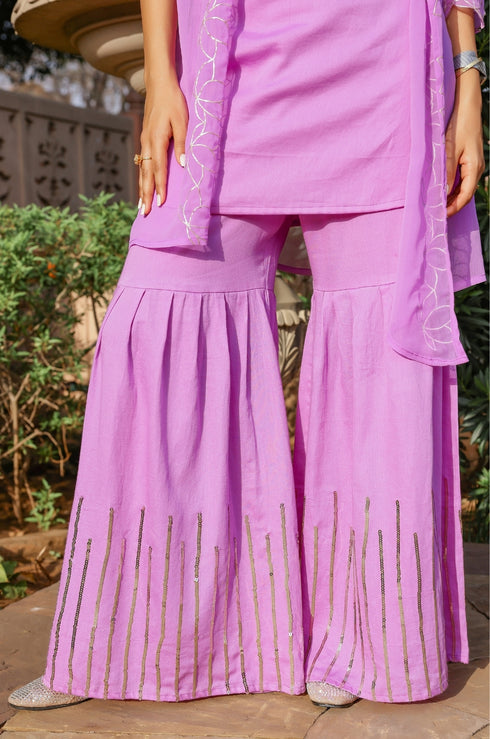 Lilac Lotus Embroidered Kurta-Sharara Set