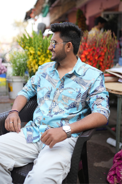 Meow Blue Cotton Men Shirt