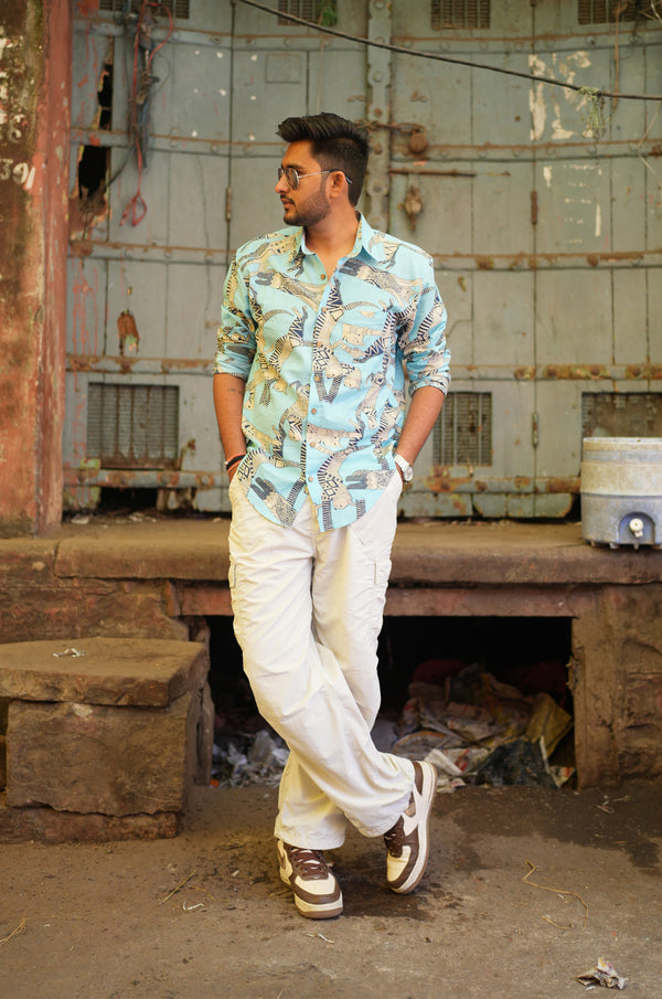 Meow Blue Cotton Men Shirt