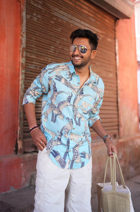Meow Blue Cotton Men Shirt