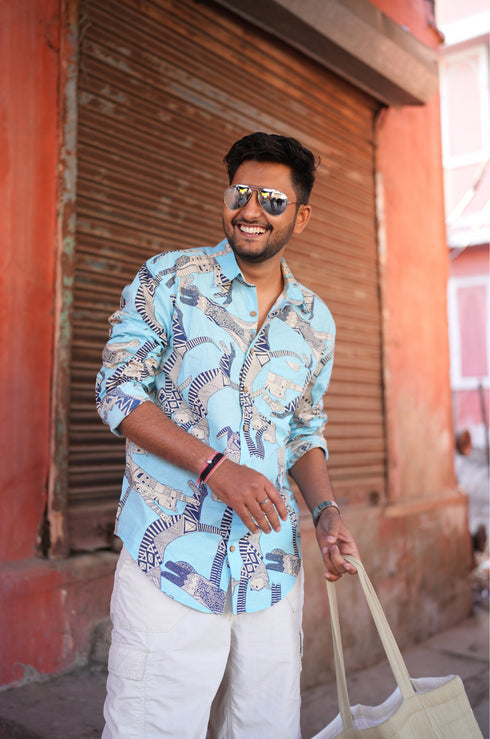 Meow Blue Cotton Men Shirt