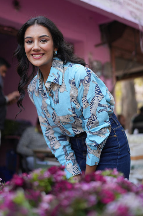 Meow Blue Cotton Shirt