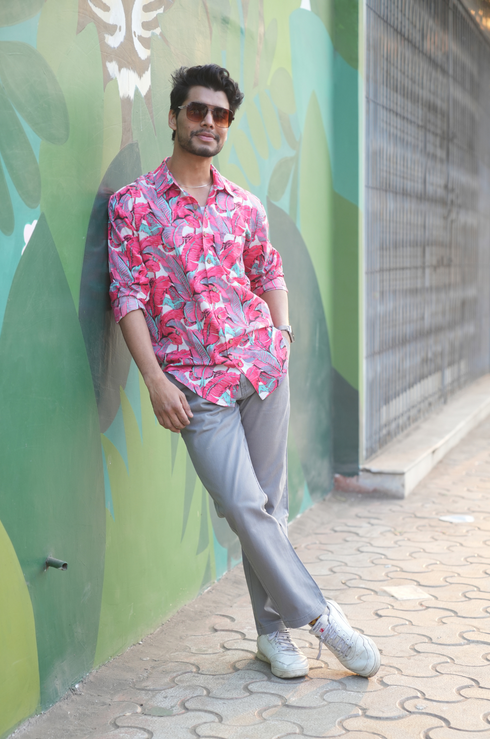 Palm Pink Cotton Men Shirt