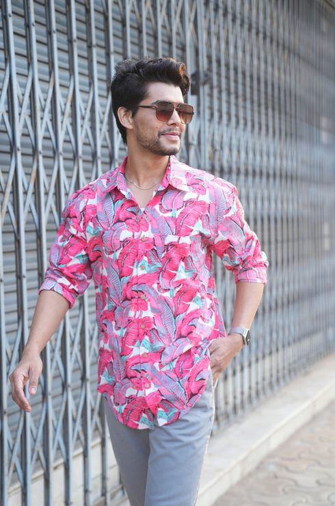 Palm Pink Cotton Men Shirt