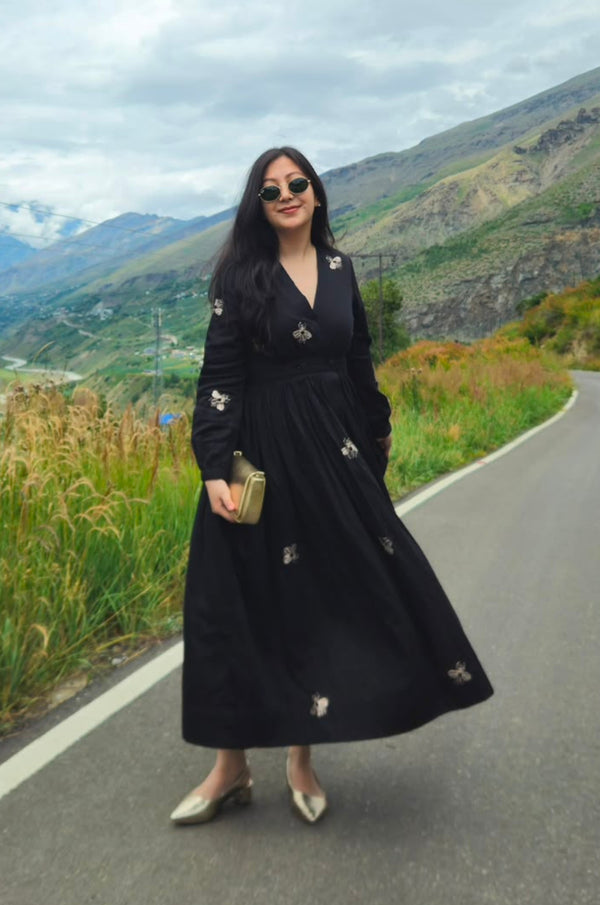 Sara Bug Black Embroidered Maxi Dress