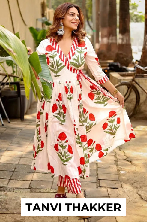 Phagun Red Poppy Angrakha Kurta Pant Set