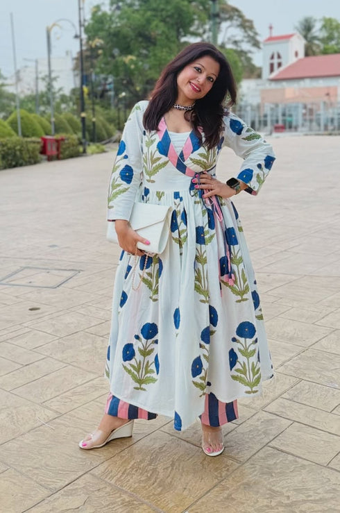 Phagun Blue Poppy Angrakha Kurta Pant Set