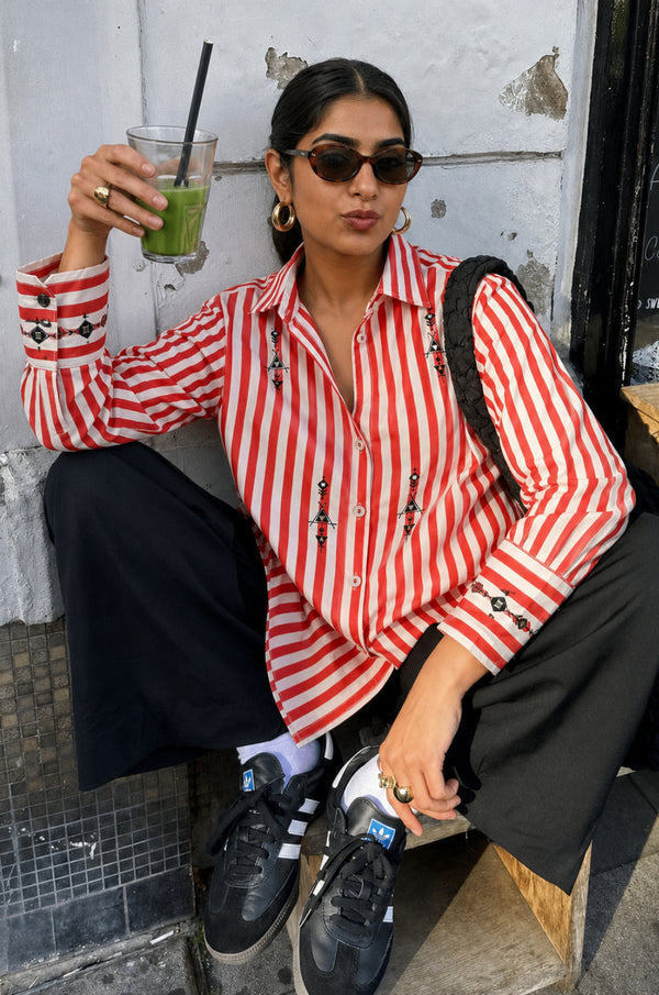 Red Mirror Embroidered Stripe Shirt